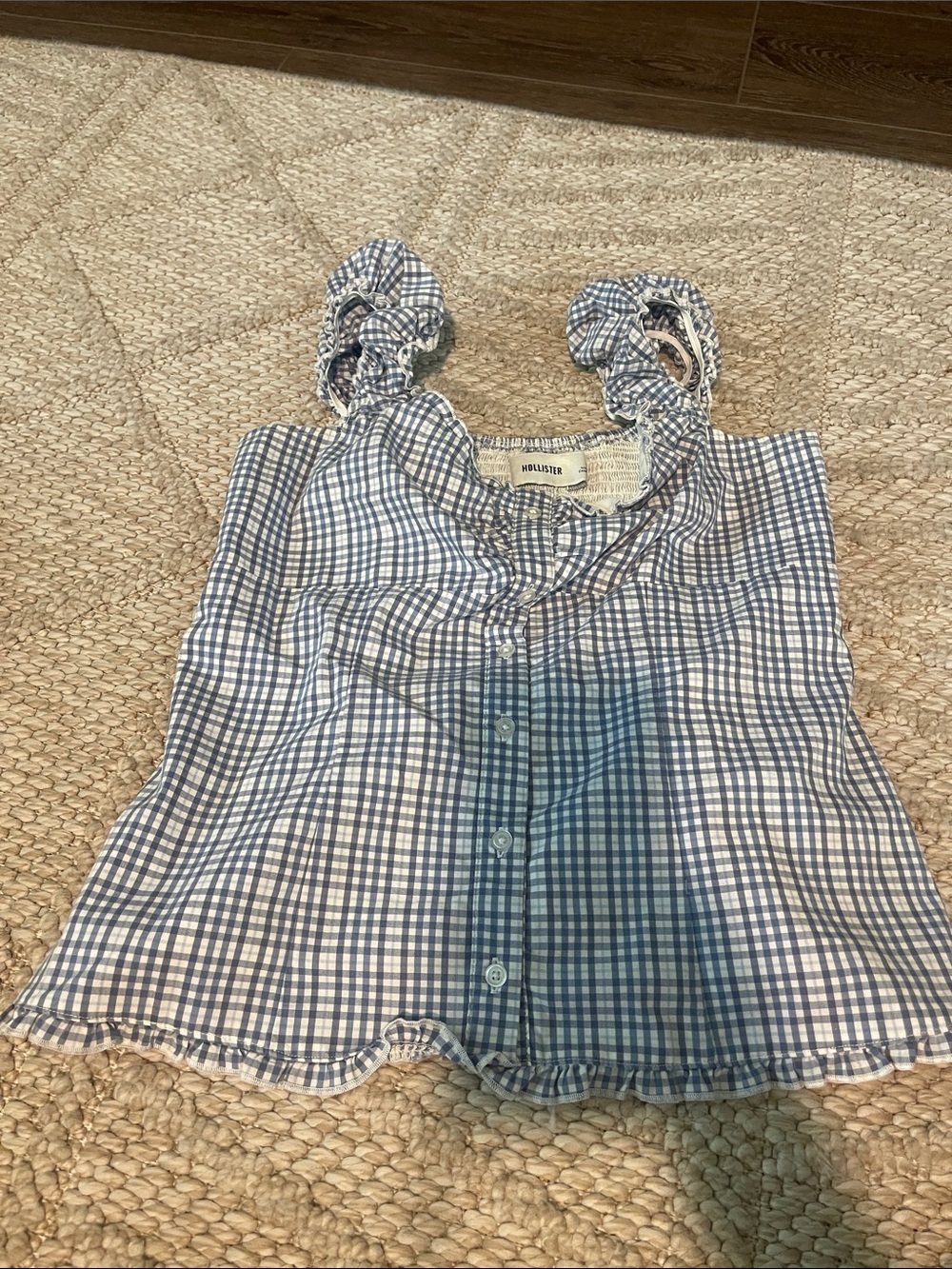 Hollister Blue and White Gingham Ruffle Strap Tank